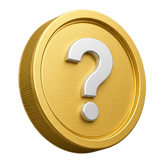 On the FAQ page, a decorative 3D gold coin displays a question mark